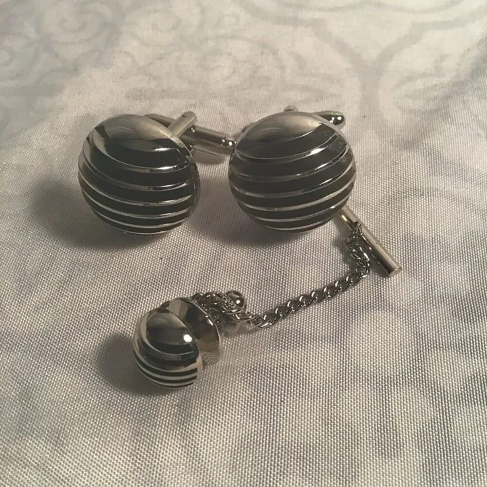 Vintage Mid-Century Silver Tone Black Ribbed Cufflink & Tie Tack Set - Art Deco